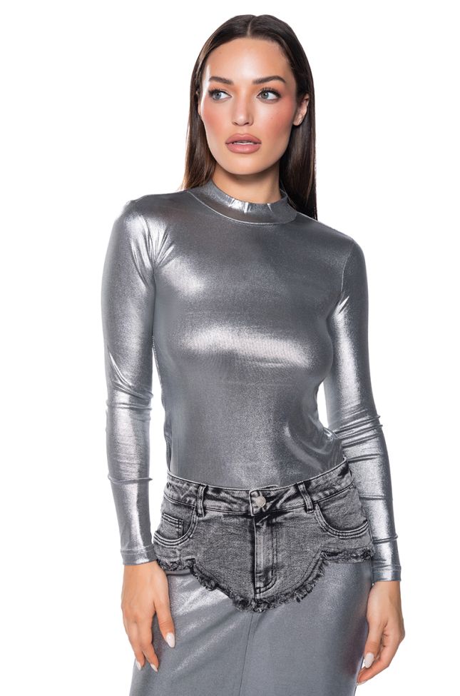 Front View Just Like Magic Slinky Mock Neck Long Sleeve Top