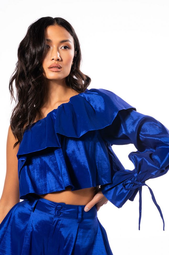 Front View Kamila One Shoulder Stretch Taffeta Cropped Blouse