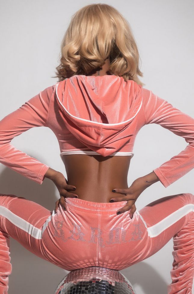  Karma Stack Velvet Jumpsuit With Hoodie in Pink