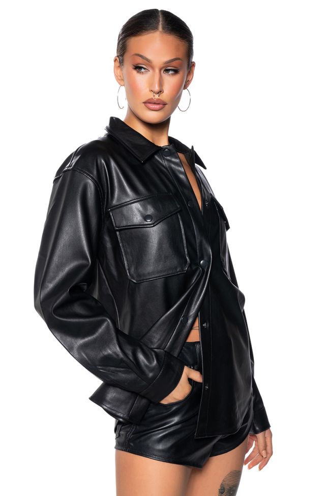Front View Kate Faux Leather Button Down Shirt