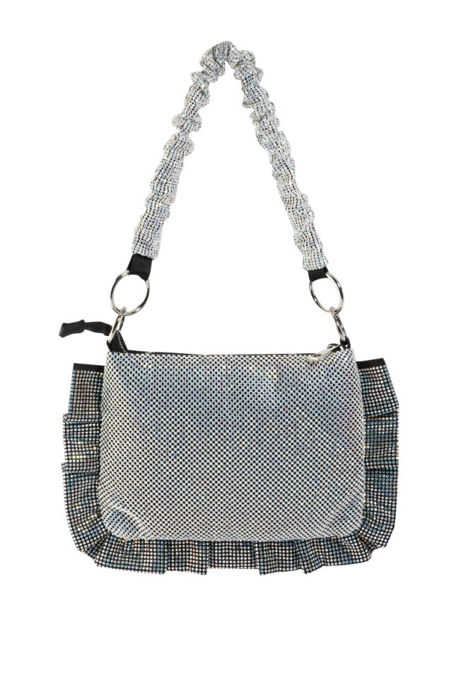 Side View Katona Rhinestone Embellished Ruffle Bag In Silver