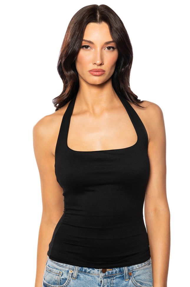 Front View Kaya Double Layer Halter Top In Black