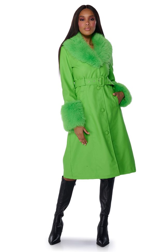 Side View Kaya Pu Trench With Faux Fur Lining In Green