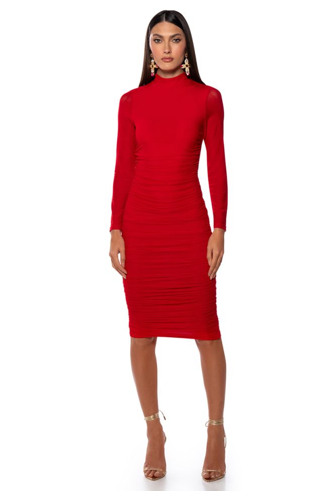 Front View Keep It Low Key Long Sleeve Midi Ruched Dress