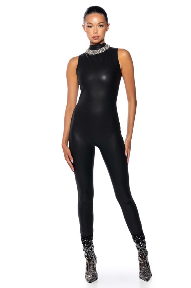 Front View Keep It Simple Faux Leather Funnel Neck Jumpsuit