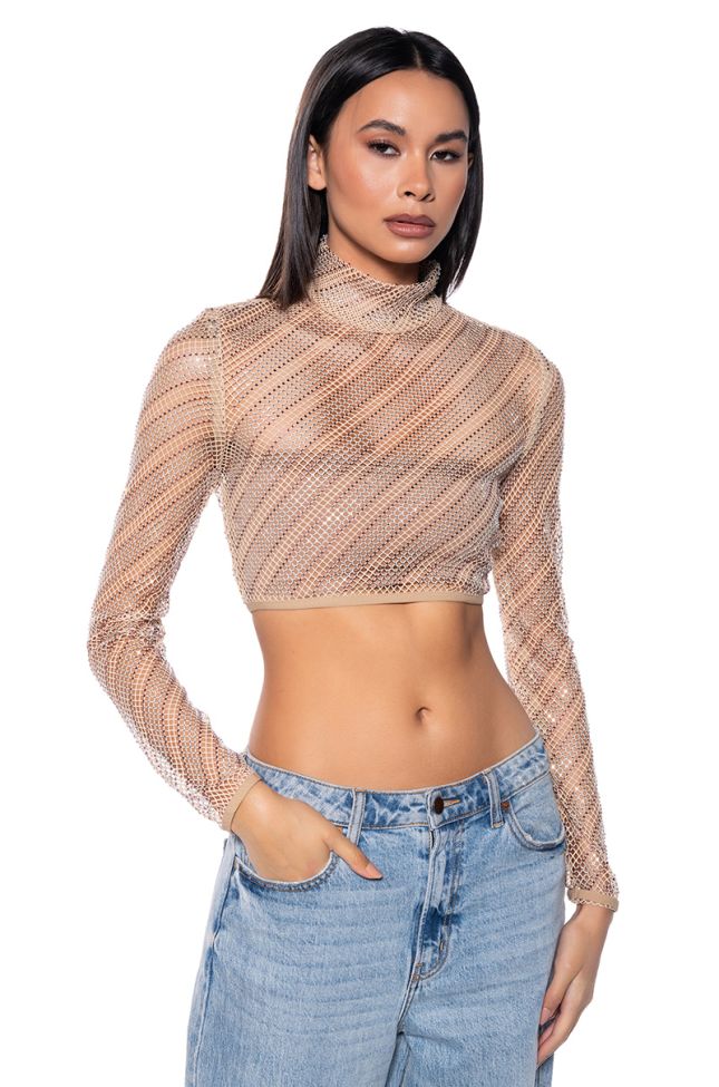 Front View Keep Me Bodied Embellished High Neck Crop Top In Beige Multi