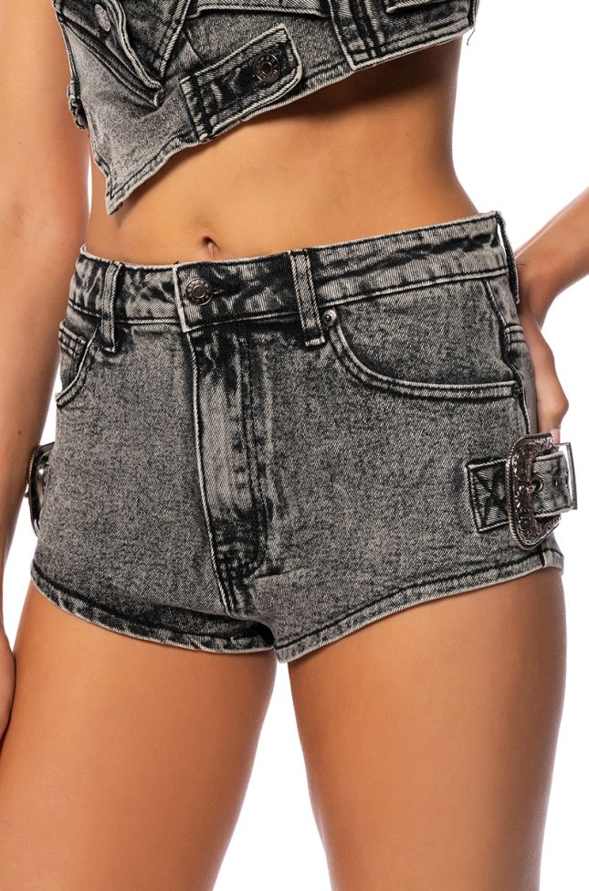 Side View Kenly Buckle Detail Denim Booty Shorts In Black