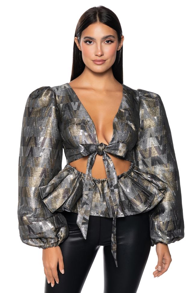 Front View Kenna Metallic Tie Front Cutout Blouse