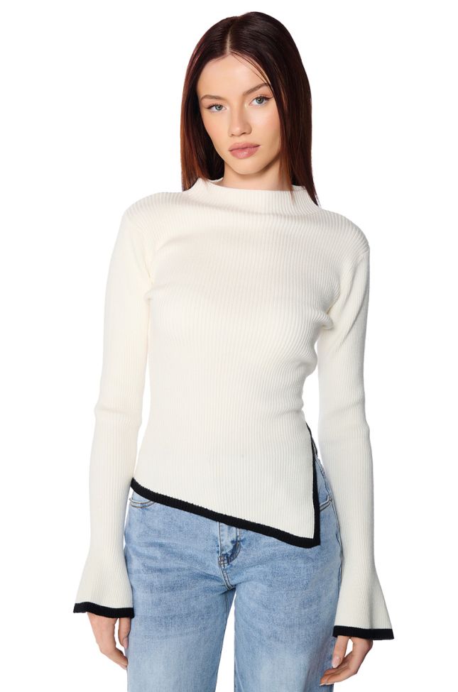 Front View Knit Girl Contrast Trim Sweater