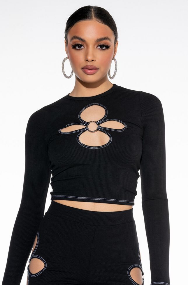 Front View Kylie Cut Out Ribbed Long Sleeve Top