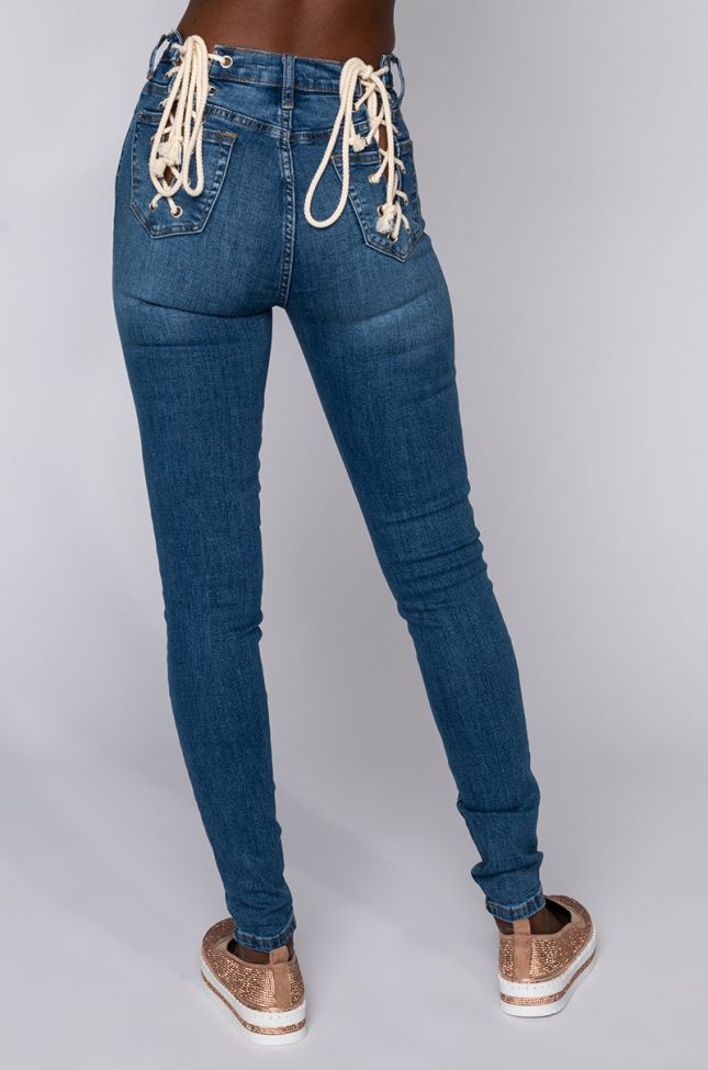 Back View Lace Me Up Skinny Jeans in Medium Blue Denim