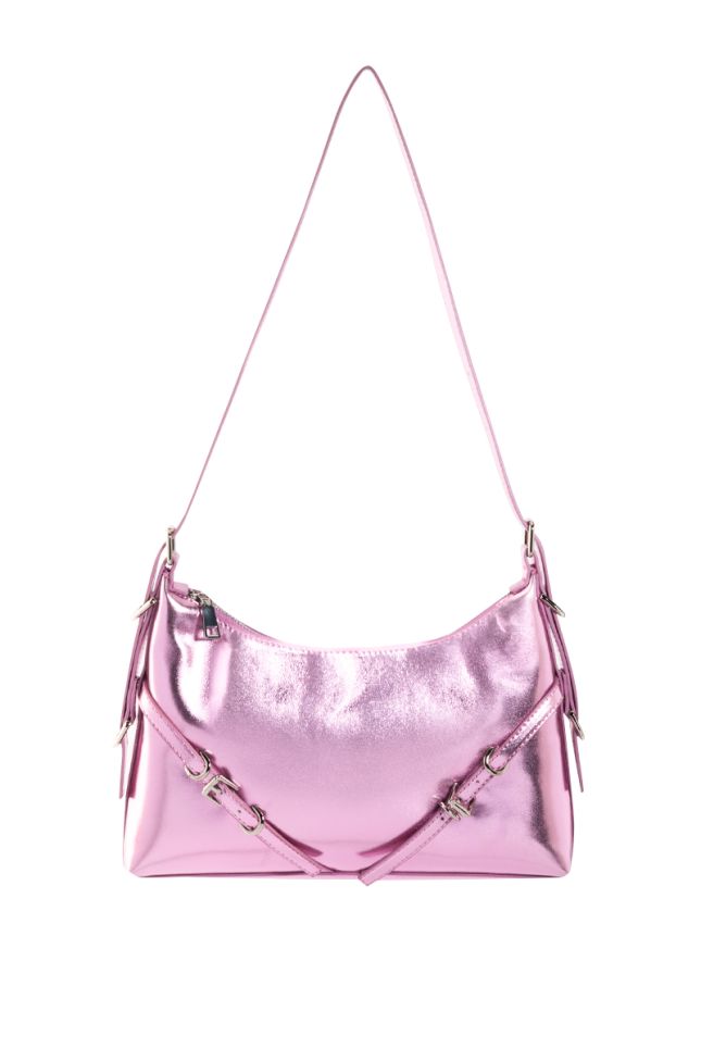 Side View Lada Metallic Shoulder Bag In Pink