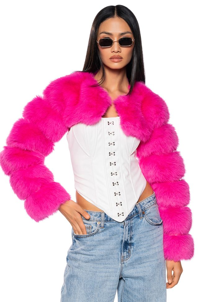 Front View Ladies Night Ultra Crop Faux Fur Jacket In Pink