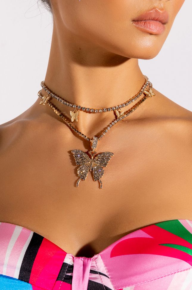 Front View Lady Butterfly Two Chain Necklace