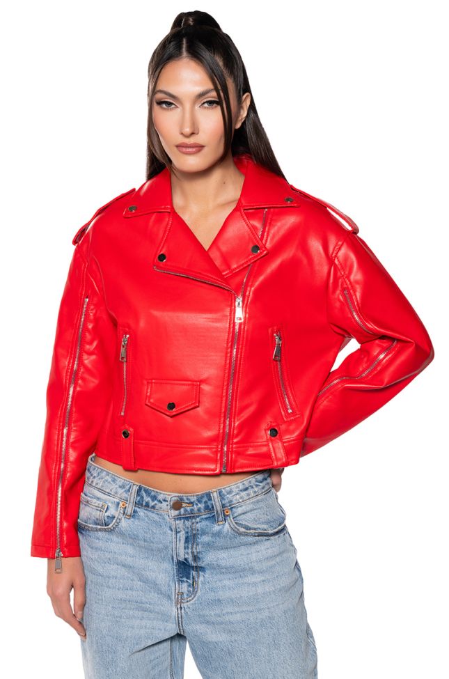 Front View Lady In Red Moto Jacket