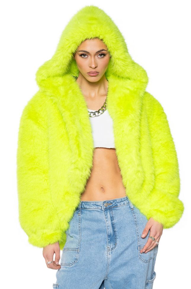 Front View Lana Hooded Faux Fur Coat In Lime