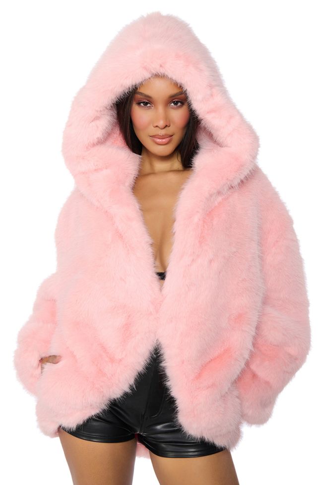 Extra View Lana Hooded Faux Fur Coat In Pink