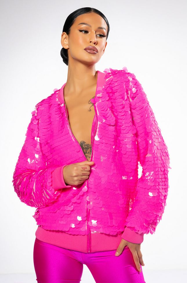 Front View Large Sequin Varsity Bomber With Rib Trims