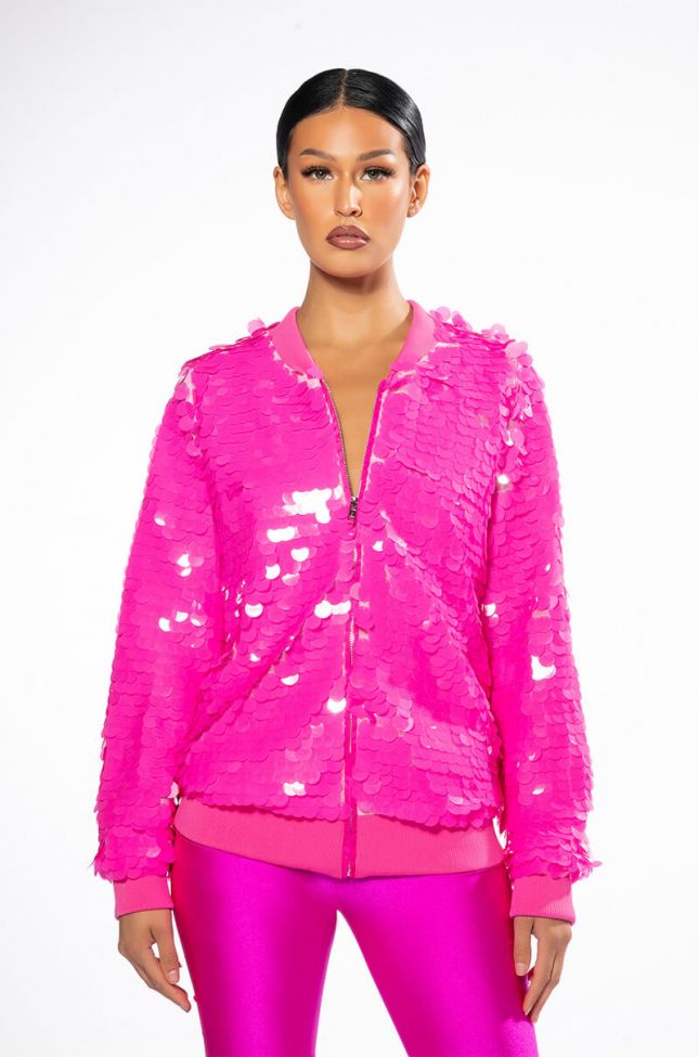 Front View Shake Some Action Sequin Varsity Bomber