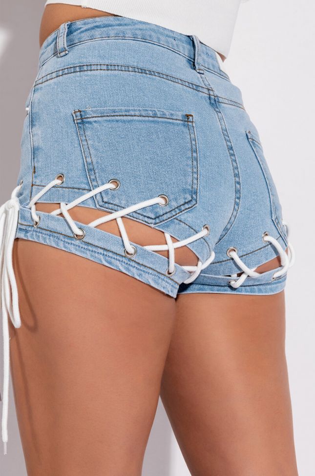 Side View Lasso Cheeky Lace Up Detail Denim Short