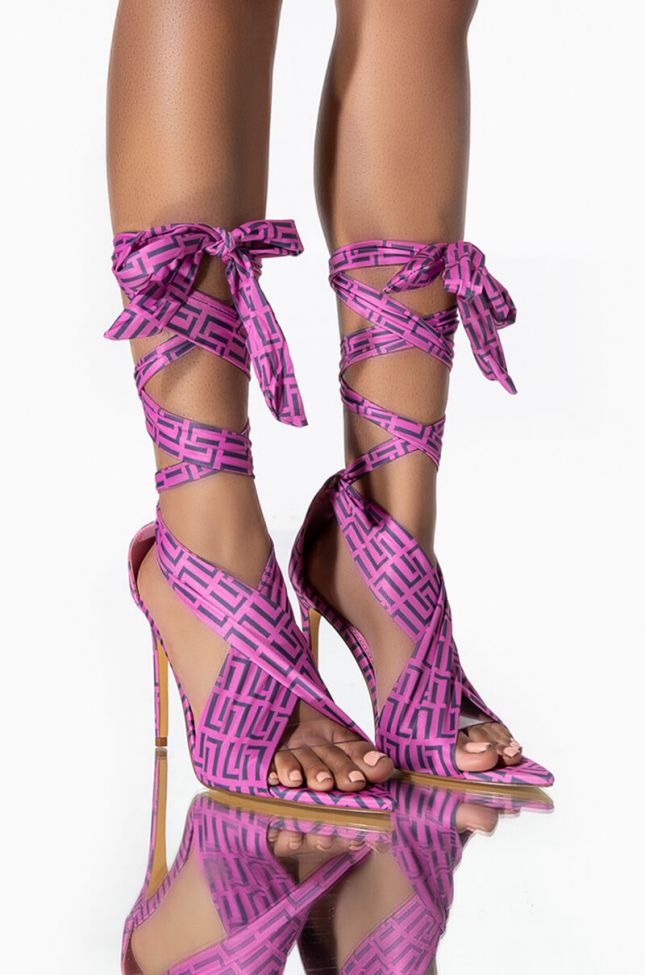 Front View Laurent-46 Strap Up Printed Stiletto Sandal In Pink