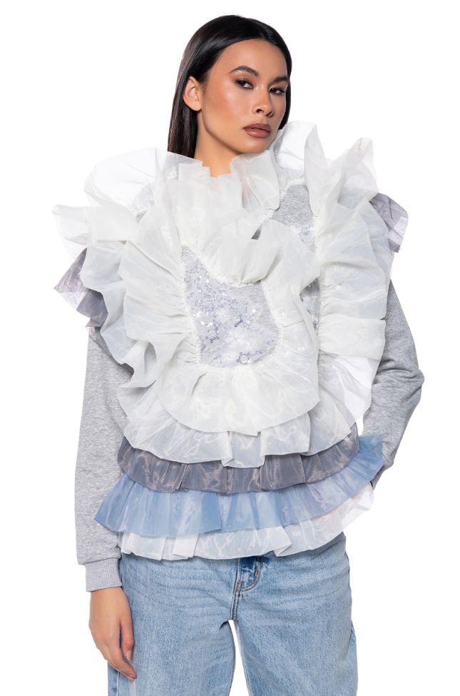 Front View Layered Tulle Flounce Detail Sweatshirt