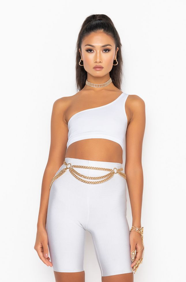Front View Lazy Day One Shoulder Crop Top in White