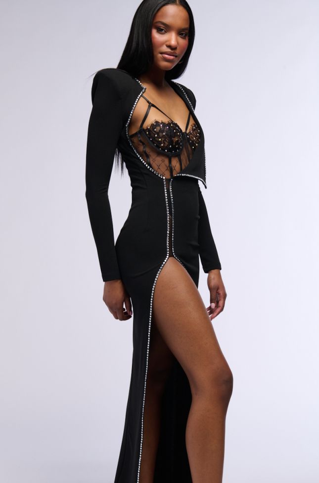 Side View Leader Of The Pack Long Sleeve High Slit Gown
