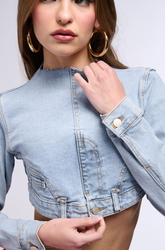 Front View Leila Dramatic Denim Long Sleeve Top