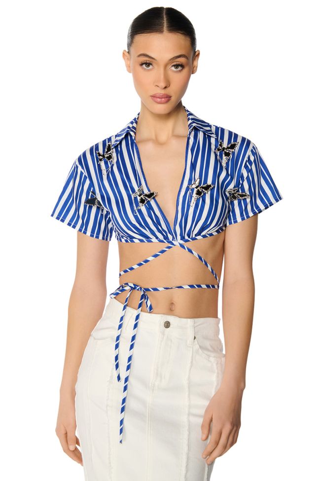 Front View Leni Striped Embellished Tie Front Blouse