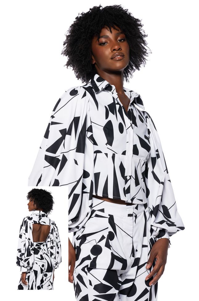 LENNON PRINTED PUFF SLEEVE OPEN BACK BUTTON DOWN BLOUSE