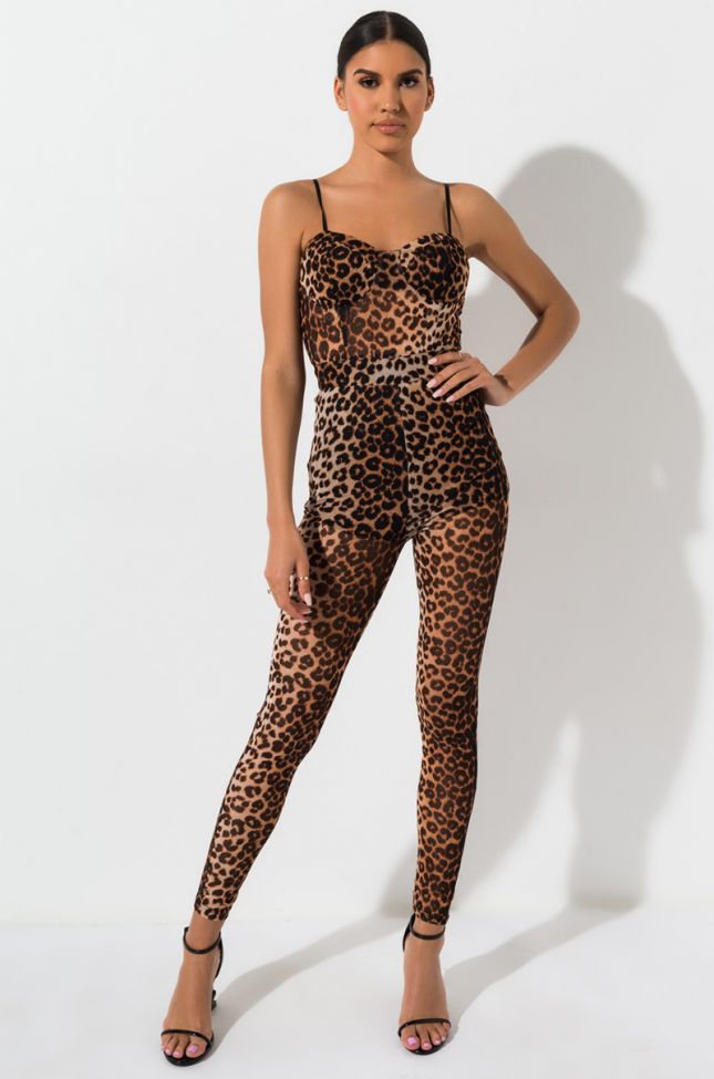 Front View Leopard On Leopard Mesh Jumpsuit in Brown Multi