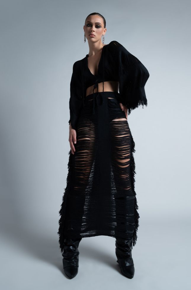 Extra View Let The Light In Distressed Fringe Two Piece Maxi Skirt Set