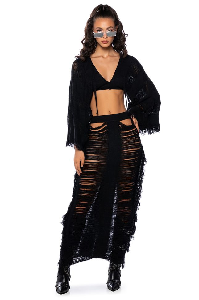 Extra View Let The Light In Distressed Fringe Two Piece Maxi Skirt Set