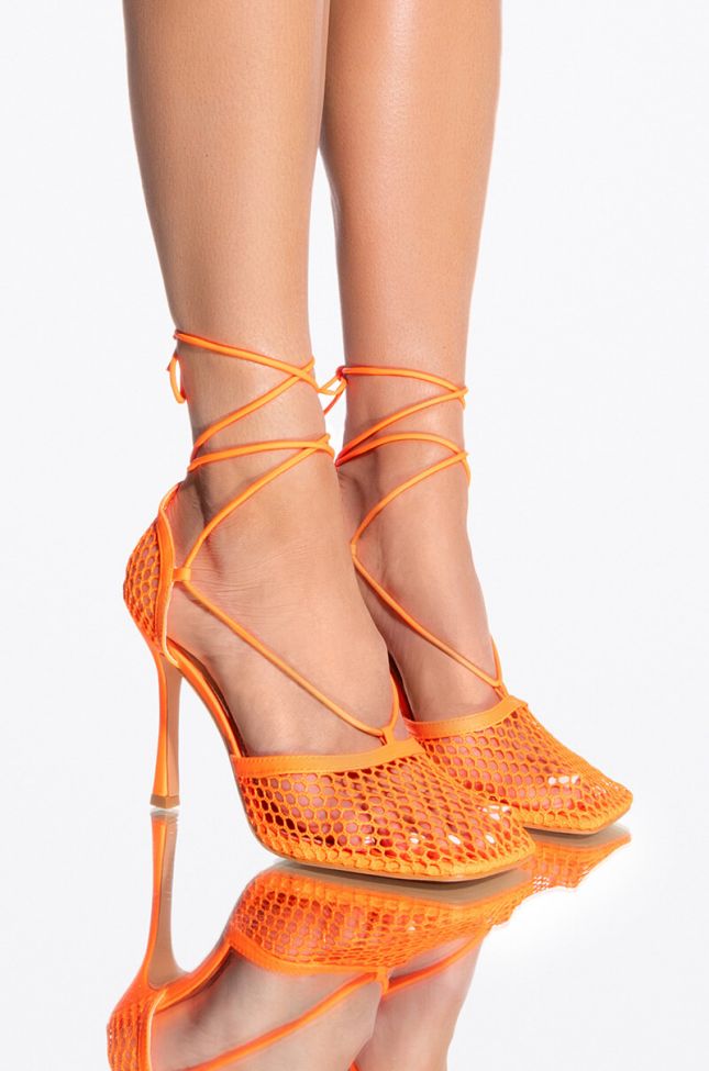 Front View Lets Get Away Square Toe Netted Strappy Pump In Orange