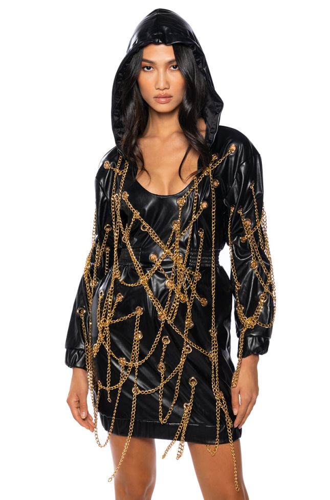 Front View Lets Link Up Faux Leather Chain Detail Mini Hoodie Dress