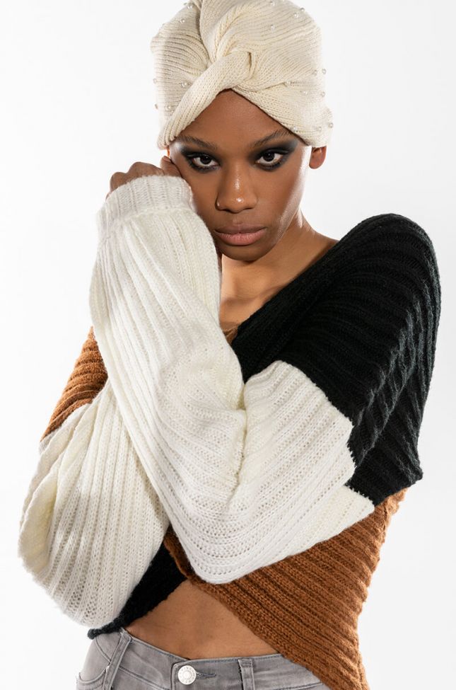 Front View Lets Twist Again Ribbed Knit Sweater