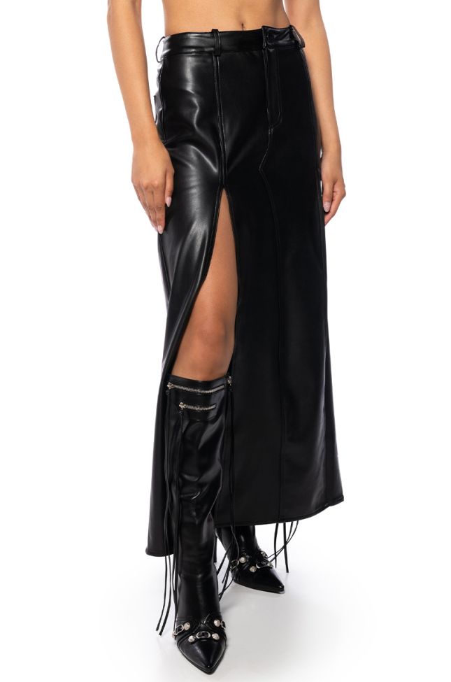 Front View Level Up Faux Leather Double Slit Maxi Skirt