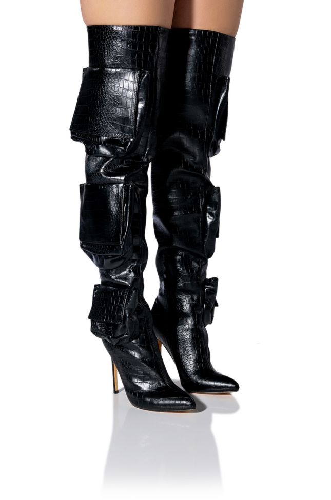 LEVEL UP OVER THE KNEE CROC STILETTO CARGO BOOT IN BLACK
