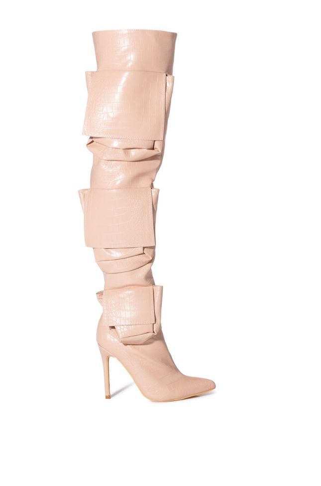 LEVEL UP OVER THE KNEE CROC STILETTO CARGO BOOT IN NUDE