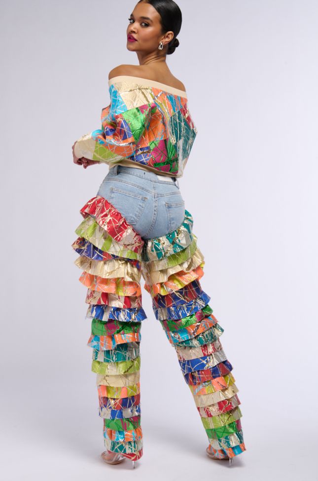 Full View Life Is But A Dream Brocade Ruffle Denim Jeans