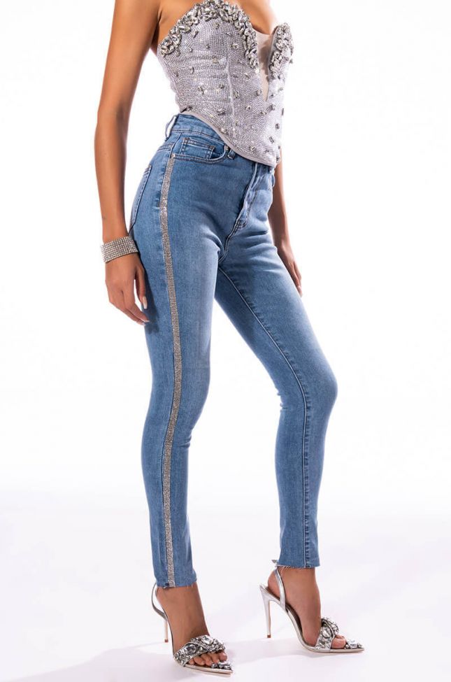 Front View Life Like This Rhinestone Stripe Skinny Jeans