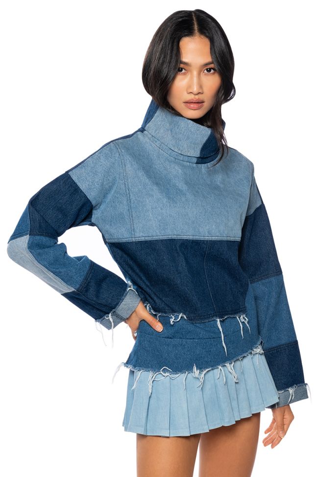 Front View Lift Me Up Denim Patchwork Funnel Neck Top