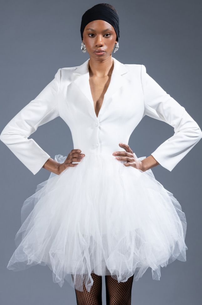Front View Likewise Blazer Dress With Tulle Skirt