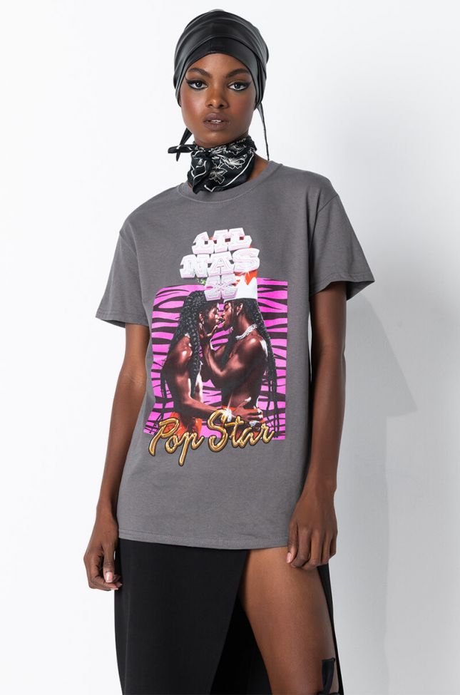 Front View Lil Nas X Pop Star Tshirt in Black Multi