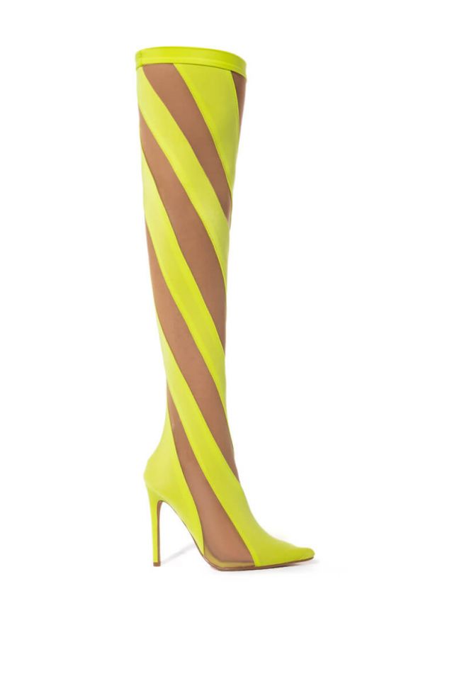 Side View Lilith Mesh Thigh High Boot In Lime