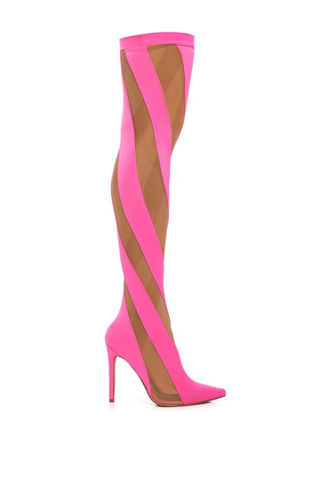Side View Lilith Mesh Thigh High Boot In Pink
