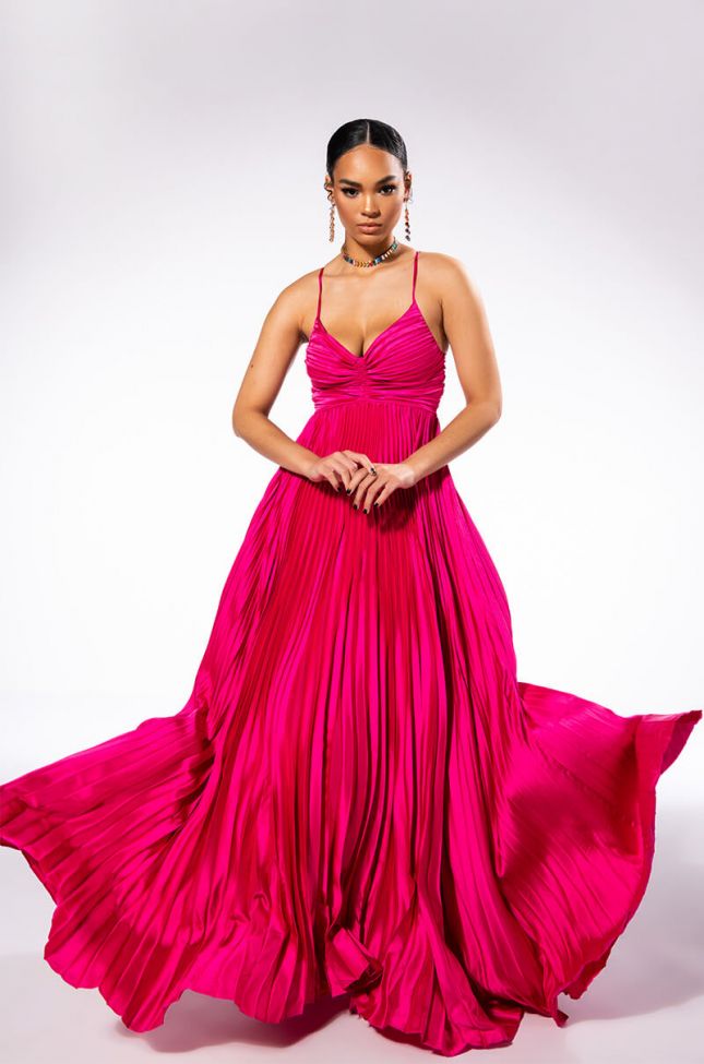 Back View Lily Pleated Satin Maxi Dress