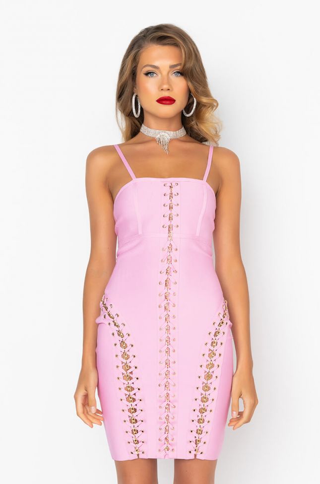 Front View Limited Edition Bandage Knit Mini Dress With Lace Up Gold Chains in Pink