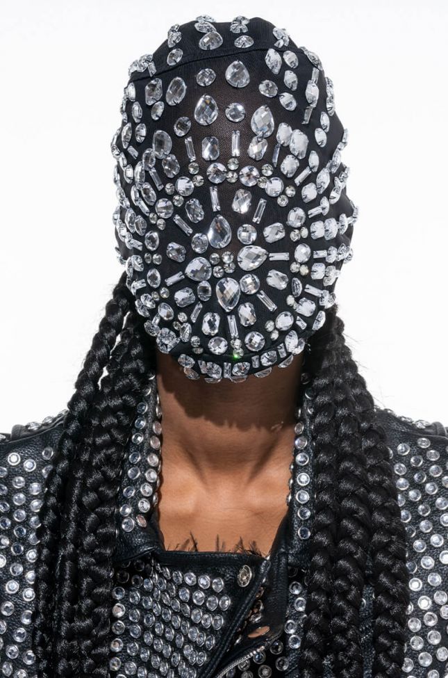 Front View Listening Party Rhinestone Head Mask